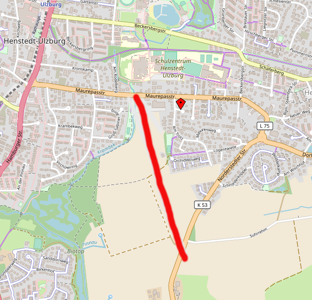 Rote Linie: Hier soll die Querspange verlaufen; © OpenStreetMap Mitwirkende, Karte: CC BY-SA