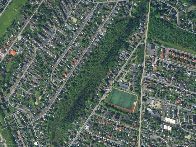 Luftbild vom Wald zwischen den Straßen „Zum Meeschensee“ und „Theodor-Storm-Straße“